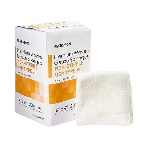 McKesson Premium Woven Gauze Sponges, Non-Sterile, 8-Ply, USP Type VII, 100% Cotton, 4 in x 4 in, 200 per Pack, 1 Pack