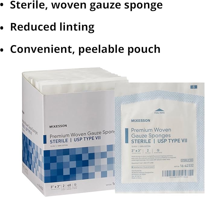 McKesson Premium Woven Gauze Sponges, Sterile, 12-Ply, USP Type VII, 100% Cotton, 3 in x 3 in, 2 per Pack, 40 Packs, 80 Total