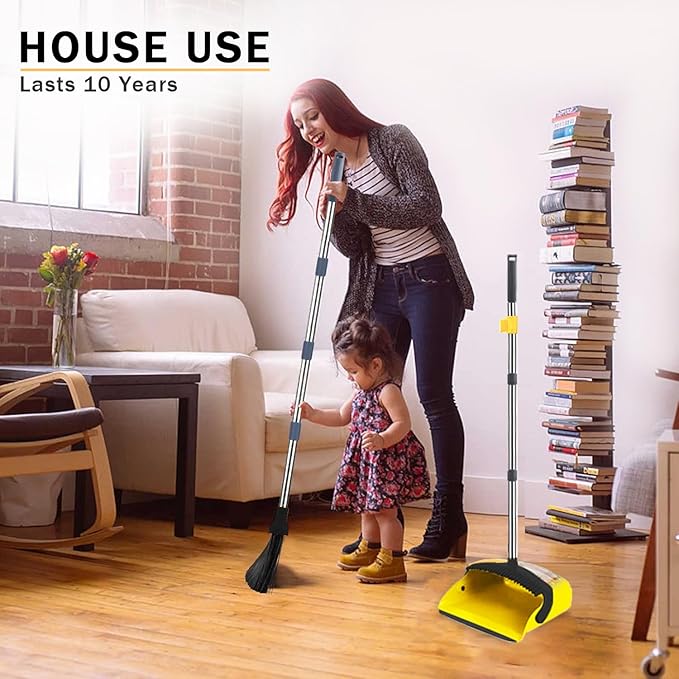 Upgraded Broom and Dustpan， with 52" Long Handle, Dustpan Teeth with self-Cleaning Function, Indoor and Outdoor Sweeping, Perfect for Home Office