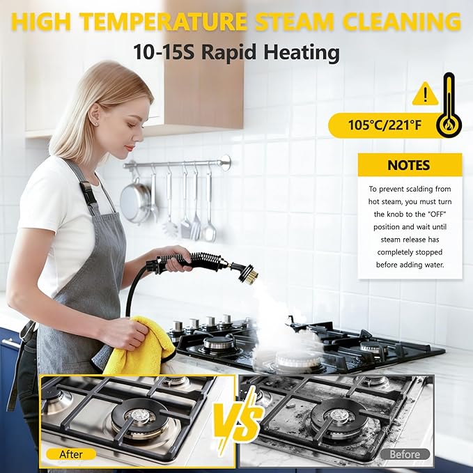 Steam Cleaner with 6 Adjustable Settings, 1500W Portable Handheld Cleaner with 15-Second Fast Preheating, Suitable for Kitchen, Bathroom, and Home Cleaning, and Includes 15 Cleaning Accessories