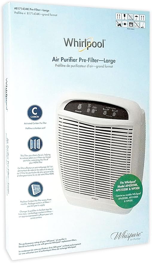 Whirlpool 8171434K (8171434), 4-Pack (Large), Air Purifier Active Carbon Pre-Filters, Fits Air Purifier Model AP51030K, AP45030K, APR45130L, WP500, 18x16.5 inch