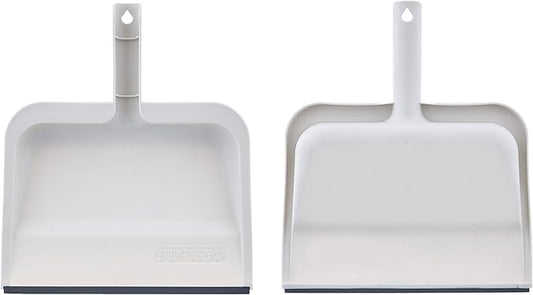 Superio Clip-On Dustpan with Rubber Lip - 10-inch Wide Durable Plastic Dust Pan with Comfort Grip Handle, White, 2-Pack