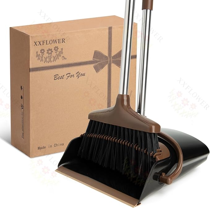 Broom and Dustpan Set with Long Handle, Light Weight Stainless Steel Poles Stand Upright Dustpans with Broom Combo for Home Kitchen Office Pet Dog Hair, 1-Pack (Black Brown)