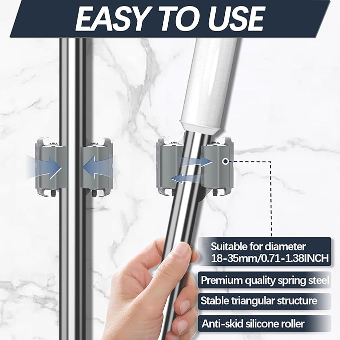3-H Mop and Broom Holder Wall Mount 6 Pack, Broom Holder for Garage Garden Shed Storage System Laundry Room Home Kitchen Organization up to 1.45 Inch(Grey)