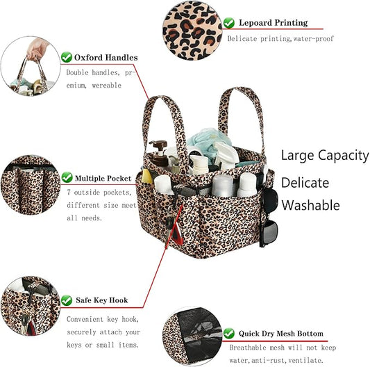 Haundry Mesh Shower Caddy Bag, Portable Basket Organizer with Key Hook for College Dorm Bathroom Camp Gym, Hanging Tote Bag with 8 Pockets, Lepoard