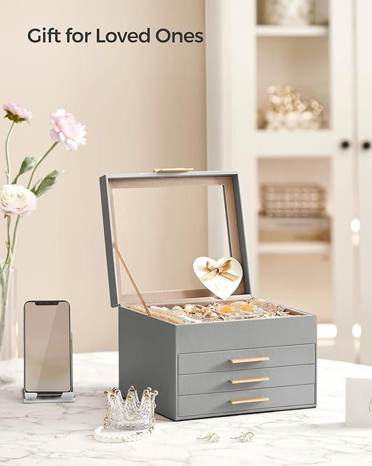 SONGMICS GISELLA Collection - Jewelry Box Organizer, 4-Layer Jewelry Storage with 3 Drawers, Shiny Metal Hardware, Glass Lid, Modern, 8 x 9.1 x 6.5 Inches, Dove Gray and Gold Color UJBC173G01