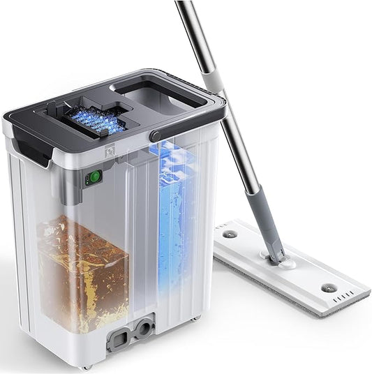 Mop and Bucket Set | Auto-Spray Cleaning | Dirty Water Separation Keep Water Fresh | Flat Mop & Bucket with Scraper | 3x Washable Pads | High-efficiency Cleaning for All Floors Tile Wall Window