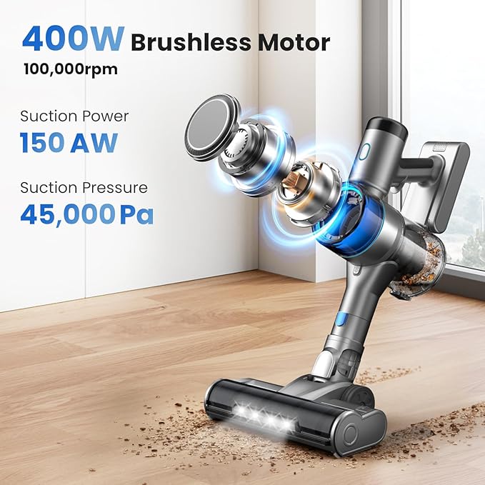 Dzaki S9X Vacuum Cleaners for Home,400W 45KPa Cordless Stick Vacuum Cleaner,Up to 55 Mins Runtime,Smart Induction Auto-Adjustment,Rechargeable Battery Vacuum Cordless for Carpet Floor Pet Hair(Blue)