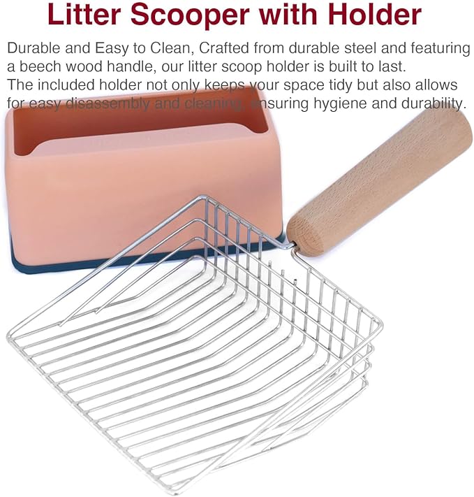 Cat Litter Scoops with Base Bracket, Kitty Scoop, Metal Cat Litter Scoop - Heavy Duty Litter Scooper & Speed Sifter with Comfortable Beech Wood Grip - Heavy Duty and Easy Clean