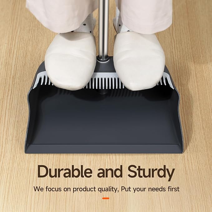 CTIME Broom and Dustpan Set, Extra Brush Head & 51.6" Adjustable Long Handle Standing Dustpan Set, with Dust Pan Teeth to Clean Pet Hair, Easy Sweeping Suitable for Home Kitchen Office Lobby