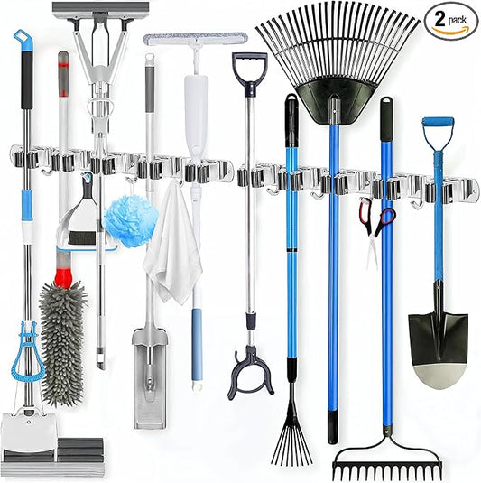 2 Pack Heavy Duty Wall Mount Broom Holder – Stainless Steel with 5 Racks & 4 Hooks Broom Organizer– Self-Adhesive or Screw Mount Mop Holder for Garage, Laundry, Kitchen – Silver