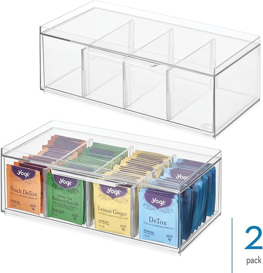 iDesign Stackable 4-Section Tea Storage Drawers - Tea Bag Organizers for Cabinet or Countertop - Set of 2 - Clear