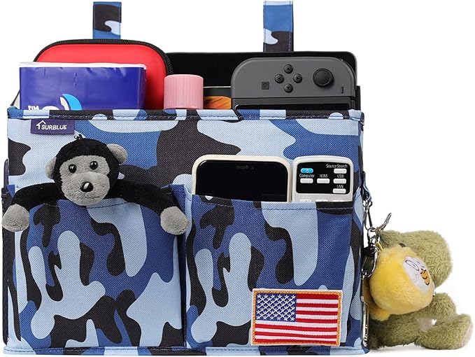 Surblue Bedside Caddy Hanging Bed Organizer Storage Bag Pocket for Bunk and Hospital Beds, College Dorm Rooms Baby Bed Rails, Wheelchair Side Bag, Camp Chiars, 4 Pockets and 2 Hooks (Small Ocean)