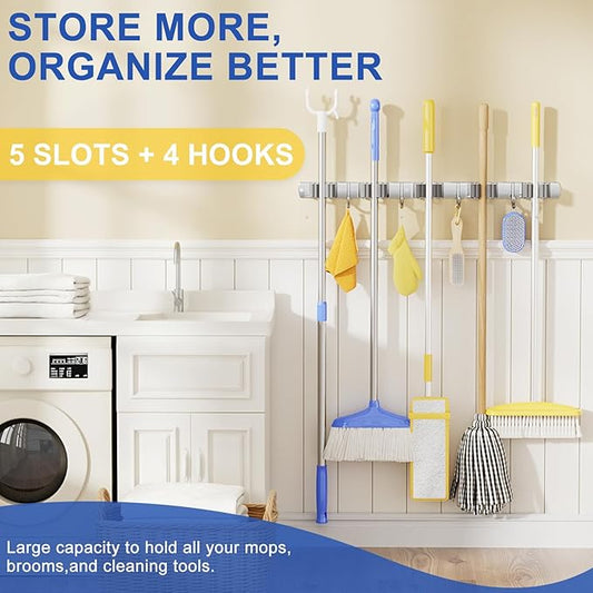 Mop Broom Holder Wall Mount Mop and Broom Holder with 5 Racks and 4 Hooks, Heavy Duty Broom Hanger Tool Storage Oragnizer Rack for Home, Garage, Garden and Laundry Room, Sliver