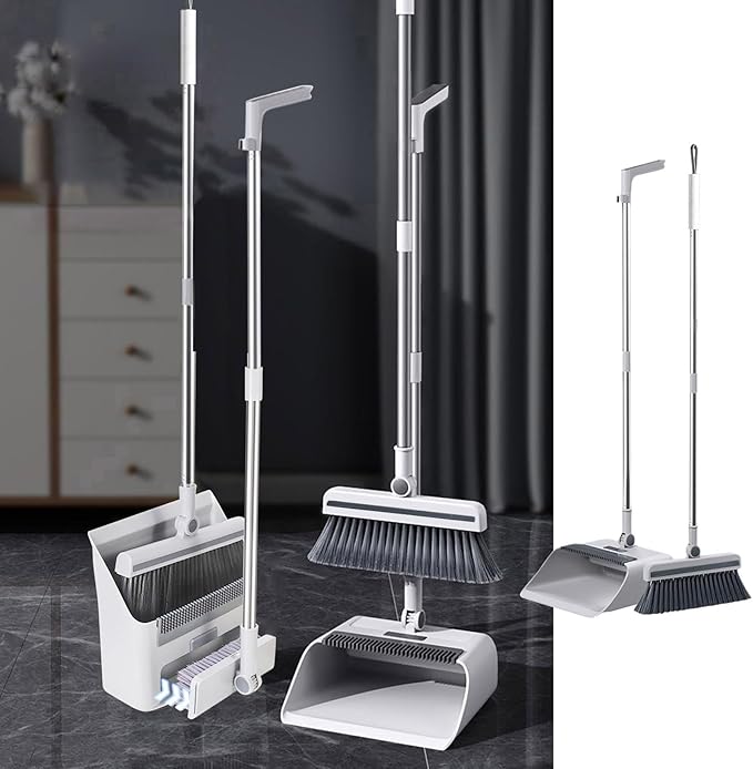 3-in-1 Broom and Dustpan Set with Cleaning Teeth, 38" Stainless Steel Long Handle,Standing Storage, Indoor Sweeping Combo for for Home & Kitchen, Brooms with Dustpan Combo Set, White