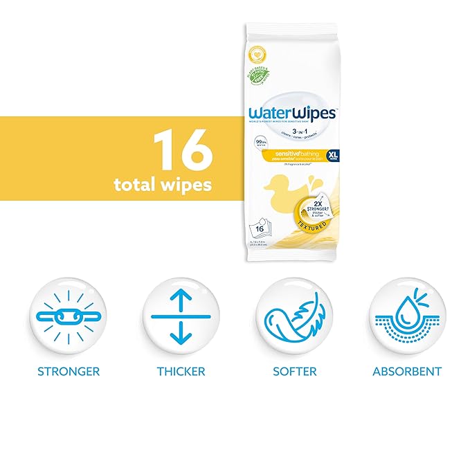 WaterWipes Sensitive+ Bathing Wipes, 3-In-1 Cleans, Cares, Protects, 99.9% Water, Unscented & Hypoallergenic, 16 Count (6 Pack)