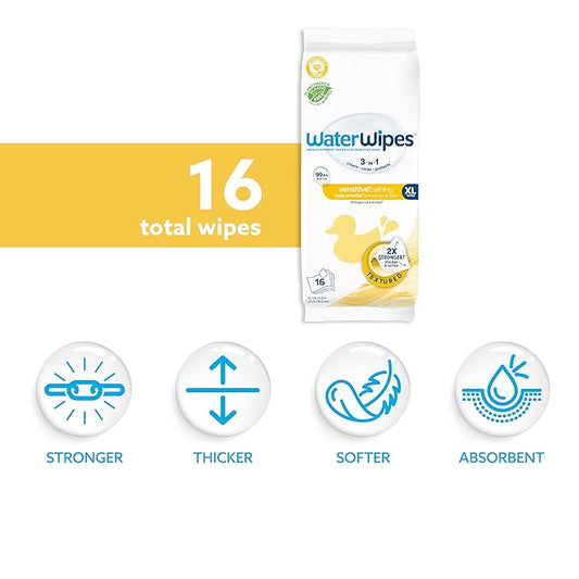WaterWipes Sensitive+ Bathing Wipes, 3-In-1 Cleans, Cares, Protects, 99.9% Water, Unscented & Hypoallergenic, 16 Count (6 Pack)