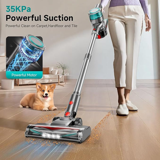 Cordless Vacuum Cleaner, Powerful Stick Vacuum Cleaner for Home with Rechargeable Battery, 6-in-1 Lightweight Handheld Vacuum, 45 Mins Runtime for Hardfloor & Carpets Pet Hair (Green)