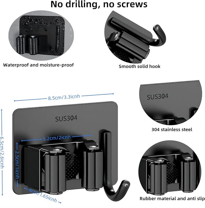 Mop Broom Holder No Drill StainlessSteel, Mop Broom Organizer Wall Mounted Heavy Duty with Hooks Hanger,Anti-Slip Adhesive Hook Broom Holder Wall Mount，Self Adhesive 4Pcs for Bathroom, Kitchen, Office