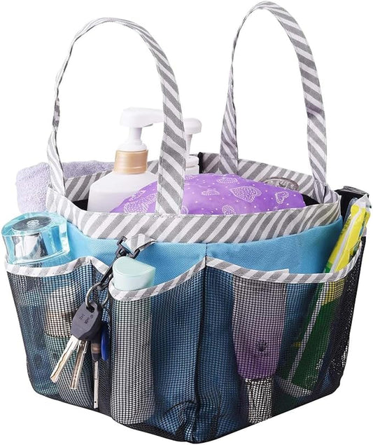 Haundry Mesh Shower Caddy Portable for College Dorm Room Essentials, Shower Caddy Tote with 8 Pockets Large Capacity, Shower Bag for Beach, Swimming, Gym, Light Blue