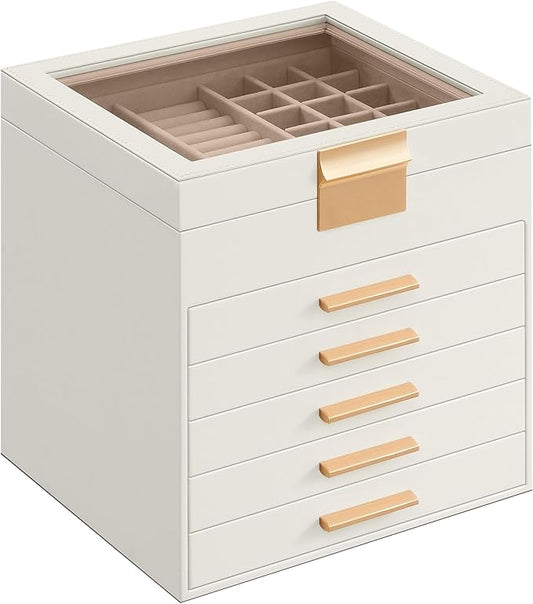 SONGMICS GISELLA Collection - Jewelry Box Organizer, 6-Layer Jewelry Storage with 5 Drawers, Shiny Metal Hardware, Glass Lid, Modern, 8 x 9.1 x 9 Inches, Cloud White and Gold Color UJBC176W01
