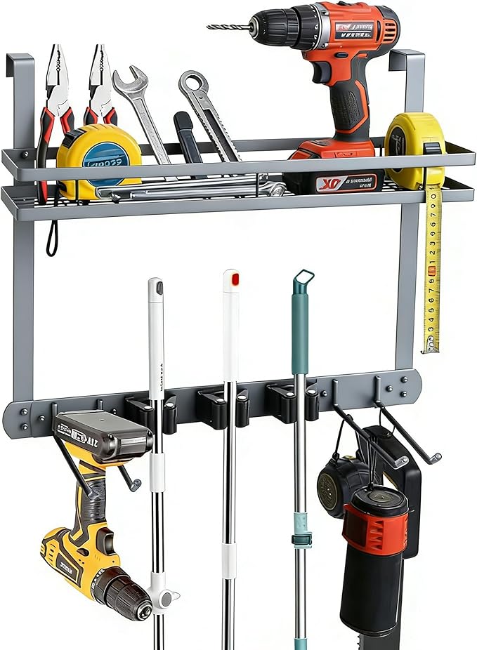 Broom Holder Door Mount,Door Mounted Broom and Mop Holder with Dual Tool Hooks, Three Slots, and One Tool Storage Basket For Laundry Room, Garage, Closet, warehouse, Kitchen Decor (gray)