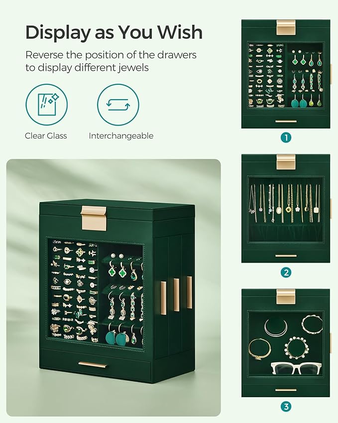 SONGMICS Jewelry Box with Glass Window, 5-Layer Jewelry Organizer with 3 Side Drawers, Jewelry Storage, with Big Mirror, Modern, 6.1 x 10.3 x 12.6 Inches, Forest Green and Metallic Gold UJBC162C01