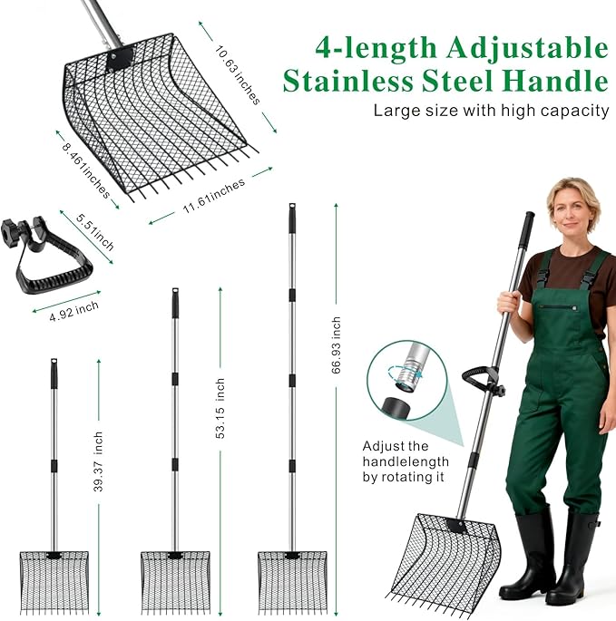 Chicken Poop Scooper & Rake 2-in-1, Otunrues Pooper Scoopers 25" to 67" Large Metal Stainless Steel Chicken Litter Scoop with Handle for Farm Pet Waste Cleaning Sifting Litter Shovel