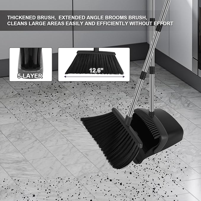 Broom and Dustpan Set, Large Household Broom with Dustpan Combo Set, 55" Long Handle Black Dust Pan Kit for Kitchen Lobby Office Indoor Outdoor