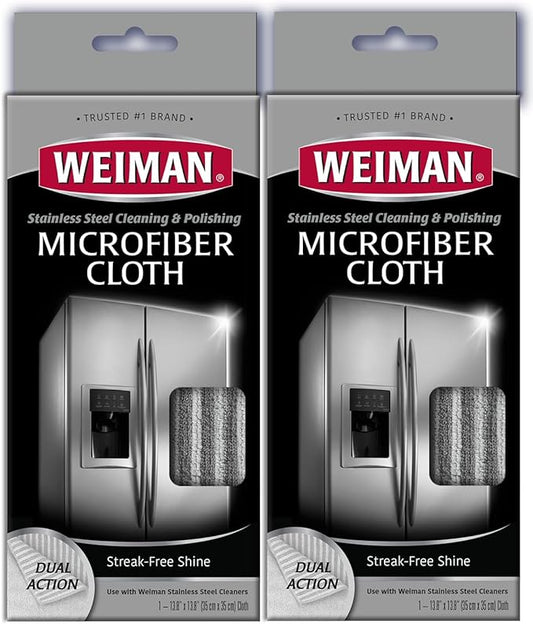 Weiman Microfiber Cloth for Stainless Steel, Safely Traps and Removes Dirt, Oil and Grime to Protect from Scratches 13.8" x 13.8" (Pack of 2)