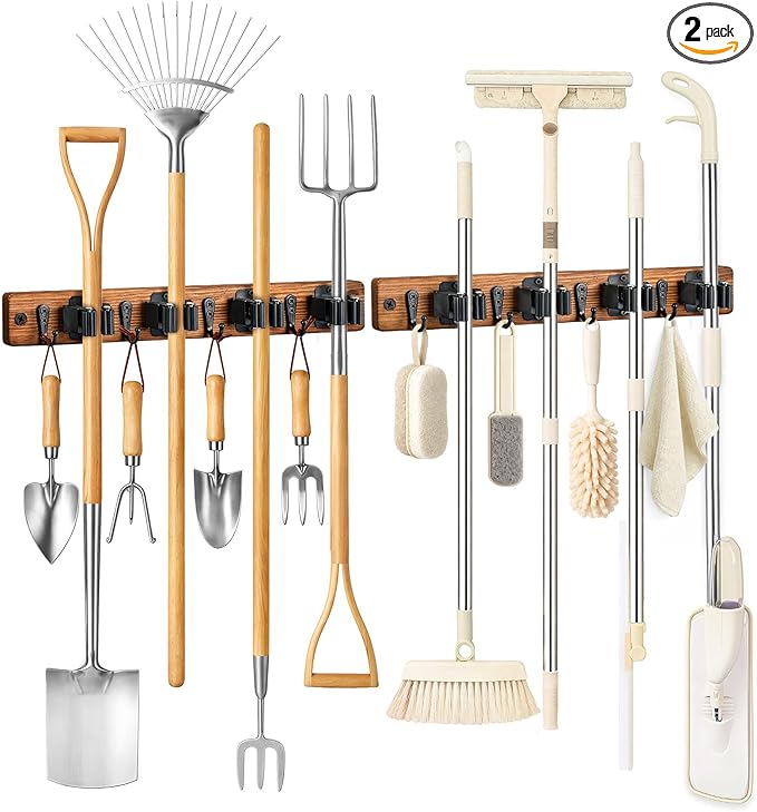 Lorbro 2 Pack Broom Holder Wall Mount, Wooden Broom and Mop Organizer Wall Hanging, Mop Hanger Rack with 4 Slots & 4 Hooks, Tool Organizer for Laundry Room, Closet, Garage, Kitchen