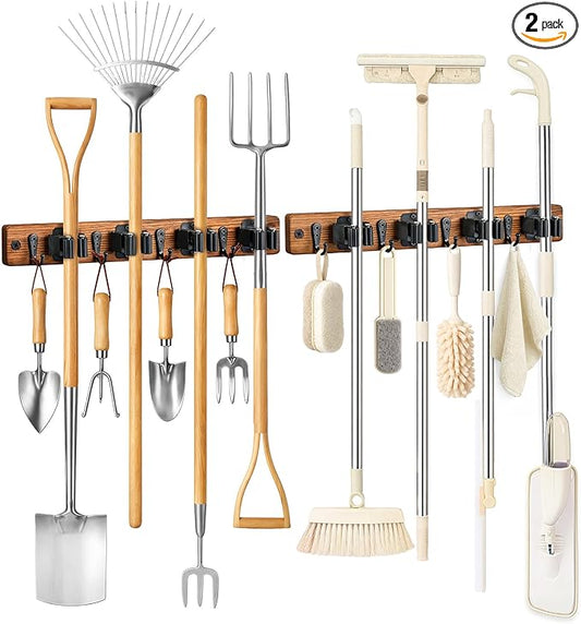 Lorbro 2 Pack Broom Holder Wall Mount, Wooden Broom and Mop Organizer Wall Hanging, Mop Hanger Rack with 4 Slots & 4 Hooks, Tool Organizer for Laundry Room, Closet, Garage, Kitchen