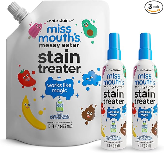 Miss Mouth’s Messy Eater Stain Treater Refill Ready Kit - 2 Pack Stain Remover Spray and 16oz Refill Pouch - Newborn & Baby Essentials - Food, Grease, Coffee Off Laundry, Underwear, Fabric