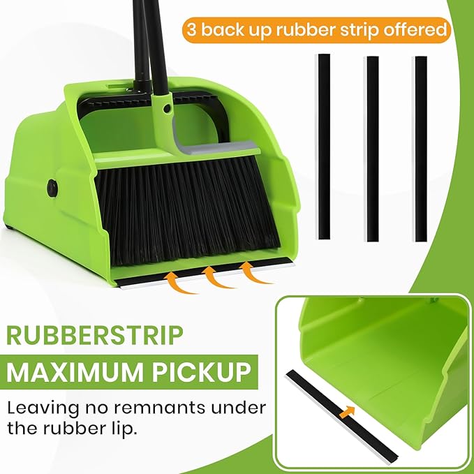 (3PK) Jumbo Commercial Broom and Dustpan Set with Large Standing Scoop Dustpan and Heavy Duty Broom, Long Handle, for Indoor/Outdoor Floor Cleaning, Janitor Supplies
