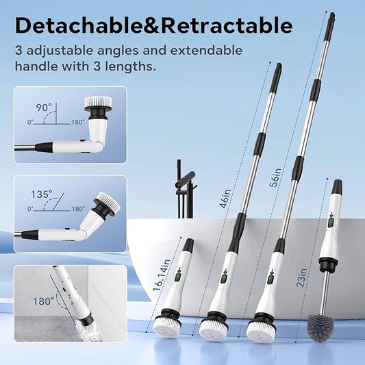 Electric Spin Scrubber with 8 Replaceable Brush Heads 3 Adjustable Angle Waterproof LED Display Cordless Cleaning Brush Supplies Bathroom Cleaner Set Long Handle Power Scrubber for Shower Floor Tub