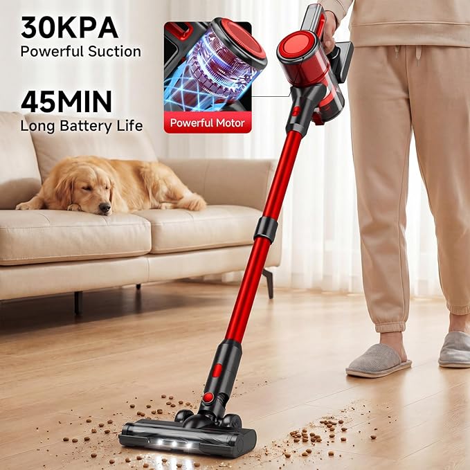 Cordless Vacuum Cleaner for Home - Lightweight, Stick Vacuum Clean with Rechargeable Battery, Max 45Mins Runtime, 8 in 1 Handheld Vacuum for Hardfloor & Carpets Pet Hair, Red&Black
