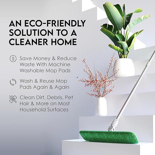 Mop Floor Cleaning System, 18-inch Dust Mop with 4 Reusable Pads for Hardwood and Tile, 360-Spin Floor Mop Head & Extendable Handle, Household Cleaning Tools