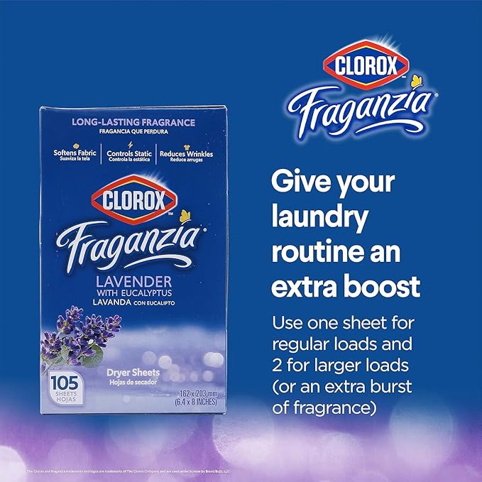 Clorox Fraganzia Fabric Softener Dryer Sheets, Lavender Scent - Wrinkle Reducing Scented Softening Laundry Sheets for Great Smelling Clothes, 105 Count - 2 Pack