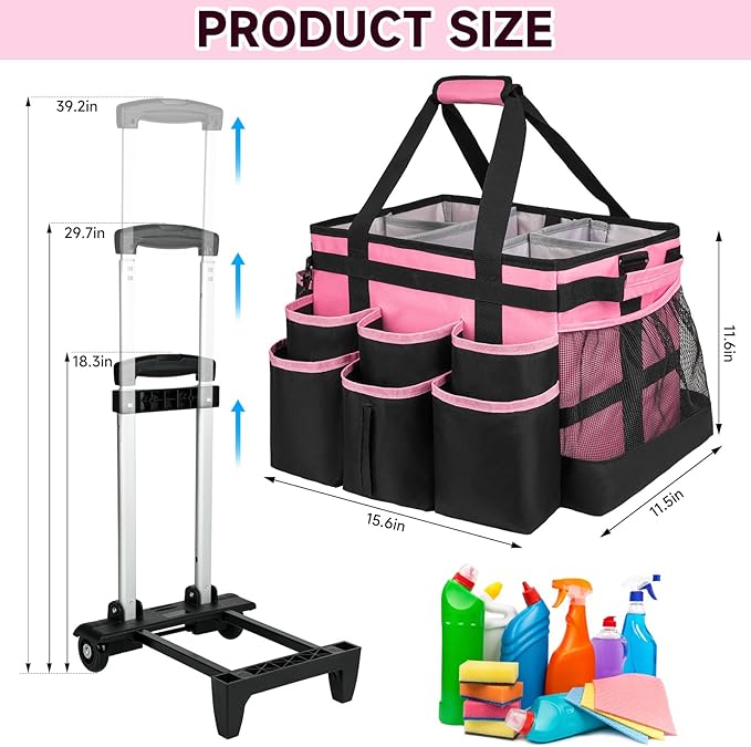 Large Rolling Cleaning Caddy Bag with Detachable Trolley,Cleaning Cart on Wheels with Shoulder Strap,Cleaning Supplies Organizer for Housekeepers,PInk