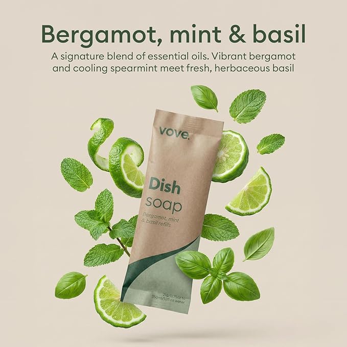 Vove Dish Soap Starter Set with Refillable Glass Pump Bottle & 3 Refills, Bergamot Mint & Basil, Powder-to-Gel Dishwashing Liquid, Plant-Based Concentrated Formula, Plastic-Free Packaging