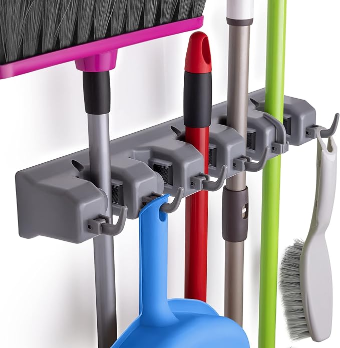 Zulay Home Mop and Broom Organizer Wall Mount - Easy To Install Mop and Broom Holder Wall Mount For Storing Cleaning Supplies - Organizer Utility Racks Mop Holder and Broom Hanger (5 Slots, Gray)