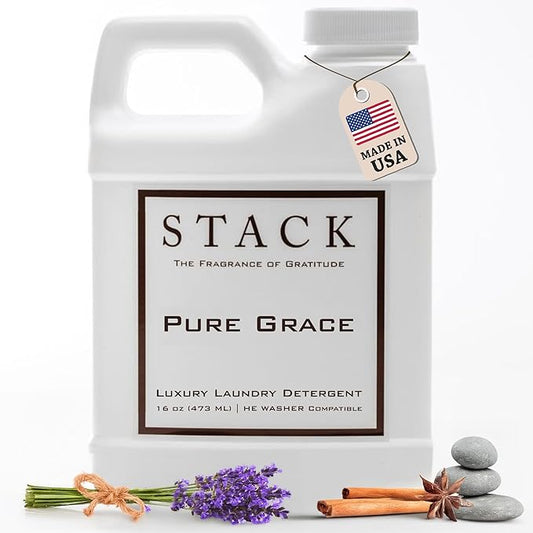 STACK Pure Grace Luxury Laundry Detergent - Highly Scented Laundry Detergent for HE & Standard Washers - Infused With Egyptian Musk and Patchouli - Dye Free Gentle & Effective Cleaning - 16 oz