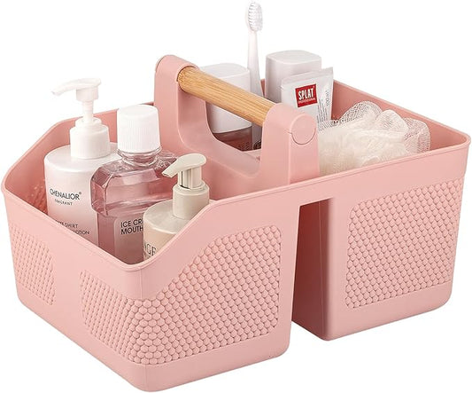 rejomiik Shower Caddy Portable with Bamboo Handle, Plastic Basket Cleaning Caddy Organizer Storage Tote for Bathroom, College, Dorm Room Essentials, Pink