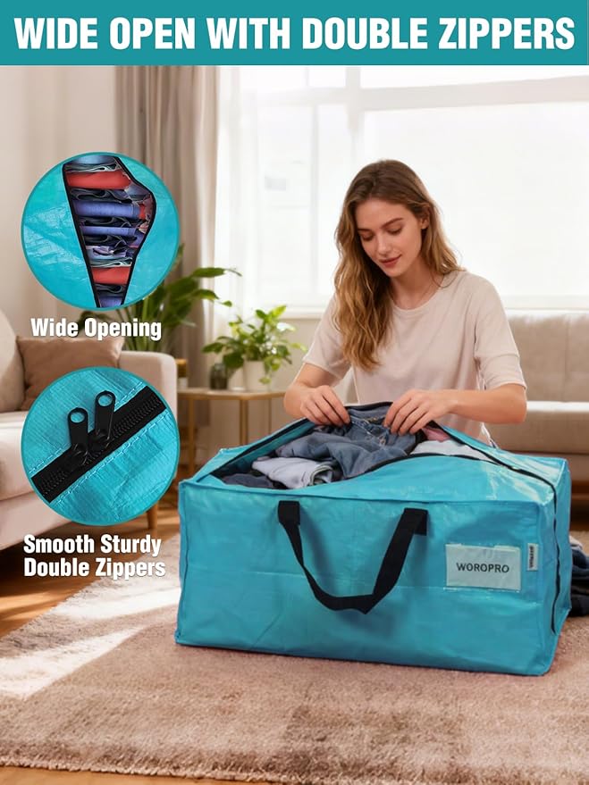 WORKPRO 4 Pack Extra Large Moving Bags with Zippers & Carrying Handles Backpack Straps, Heavy-Duty Storage Tote for Space Saving Moving Storage (Blue)