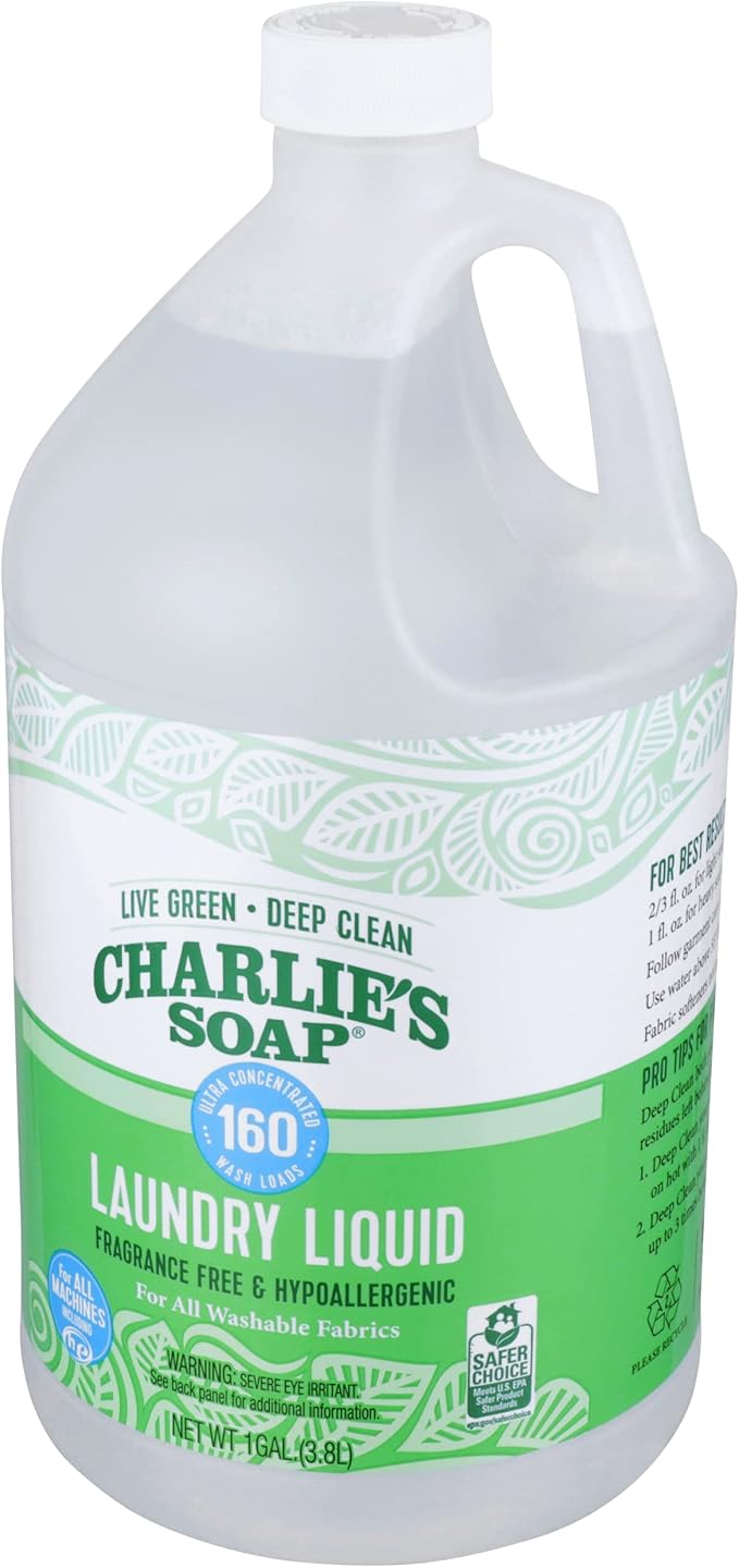 Charlie’s Soap Laundry Liquid (160 Loads, 4 Pack) Natural Deep Cleaning Hypoallergenic Laundry Detergent – Biodegradable Eco Friendly Sustainable Laundry Liquid