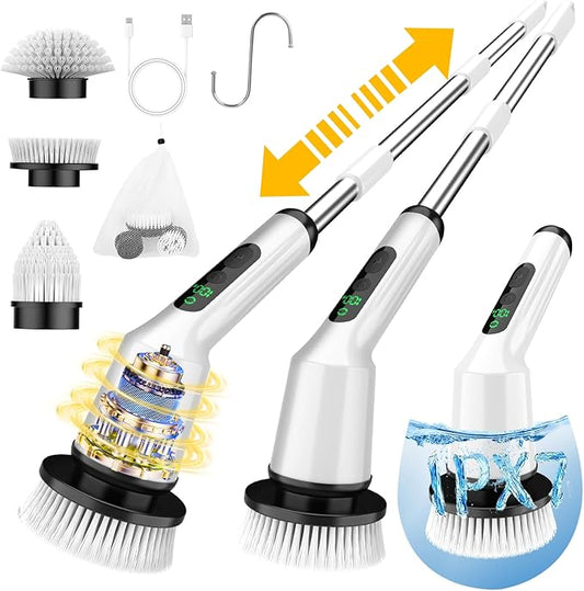 Electric Spin Scrubber for Cleaning Bathroom, Shower Scrubber Cordless Cleaning Brush with IPX7 Waterproof & 2 Speed, 3 Brush Heads, Bathroom Cleaning Supplies for Shower Tub Kitchen Tile Toilet White