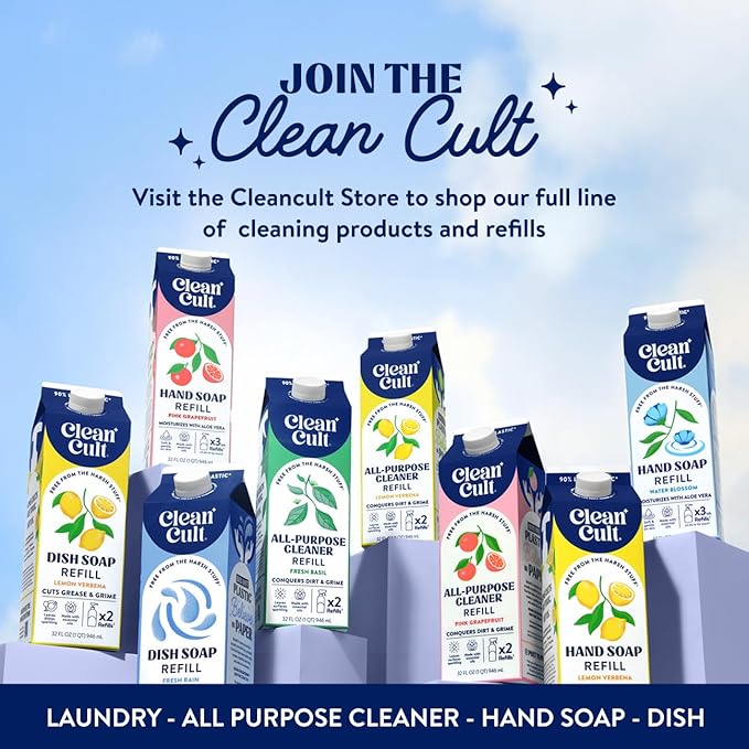 Cleancult Dish Soap Liquid Refill (32oz, 1 Pack) - Plant Based Cleaning Power - Dish Soap that Cuts Grease & Grime - Free of Harsh Chemicals - Uses 90% Less Plastic - Mountain Eucalyptus