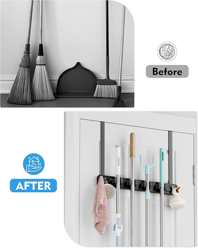 Over the Door Broom Holder, Mop and Broom Holder Door Mount, Hanging Organizer with 4 Racks & 2 Hooks, Wooden Hanger Storage Decor, Laundry Tool Organizer for Closet Garage, No Drills
