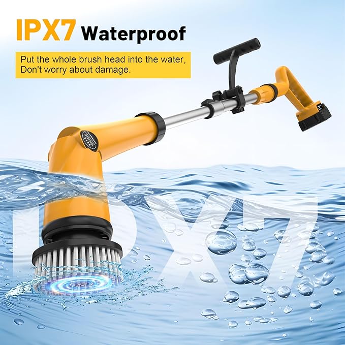 1500 RPM Electric Spin Scrubber for DeWalt 20V Battery, Power Shower Scrubber for Bathroom/Floor/Bathtub/Toilet/Tile,Electric Cleaning Brush with Long Handle & 8 Replaceable Brush (Yellow)