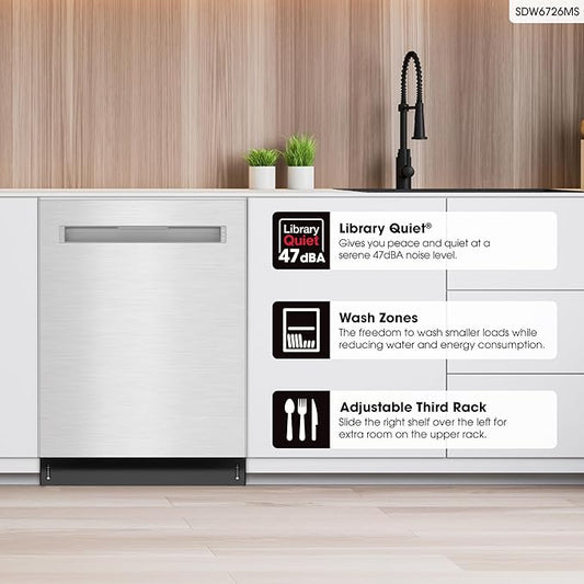 Sharp SDW6726MS 24-inch Stainless Steel Dishwasher, 47 dB Library Quiet, Third Rack, Power Wash Sprayer, 12 Place Settings,